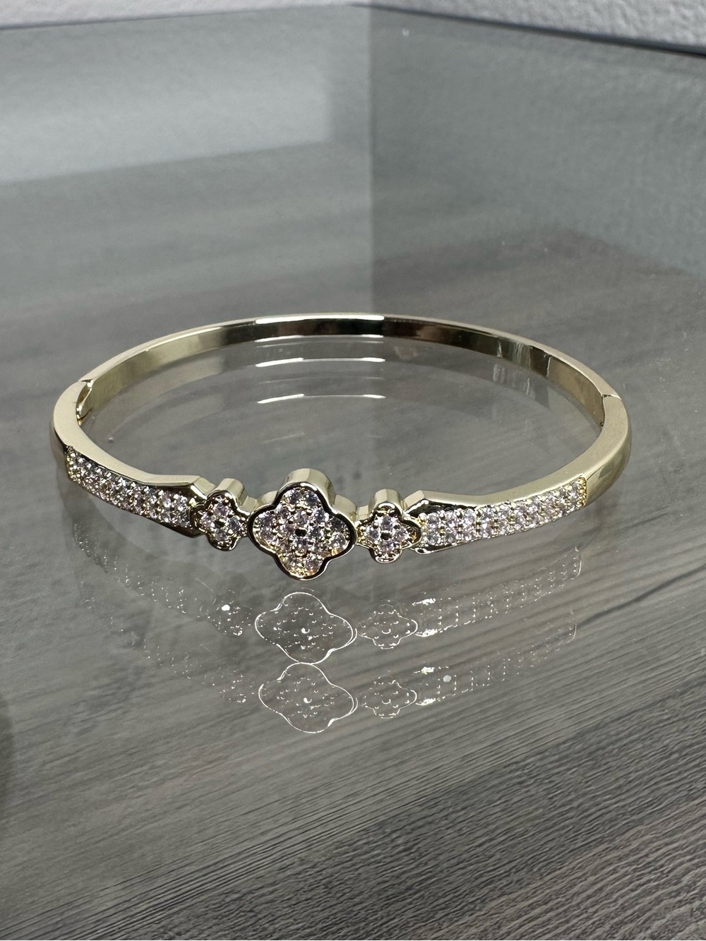 Gold-Filled Crystal Pavé Clover Floral Bangle Bracelet